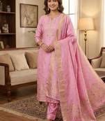 pink silk blend zari woven dress material