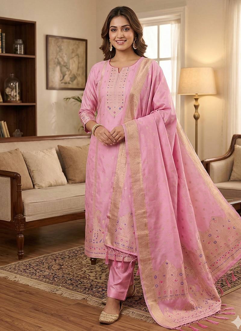 pink silk blend zari woven dress material