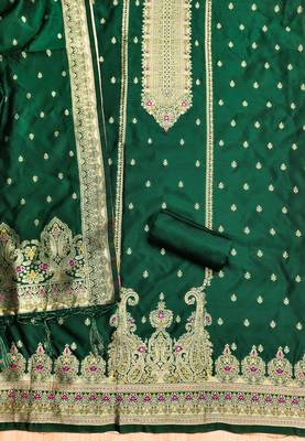 green silk blend zari woven dress material 3