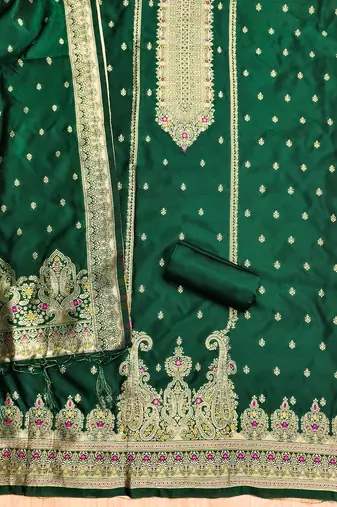 green silk blend zari woven dress material
