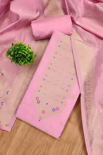 pink silk blend zari woven dress material