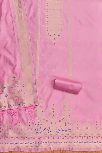pink silk blend zari woven dress material