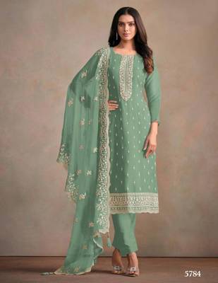 Green organza embroidered salwaar kameez set 1