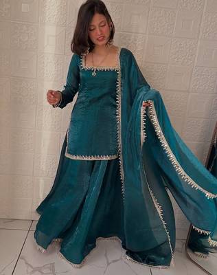 Teal mirror work readymade suit 1