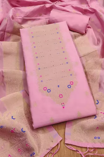 pink silk blend zari woven dress material