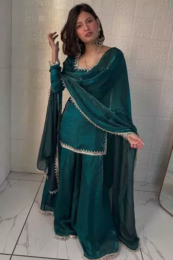 Teal mirror work readymade suit