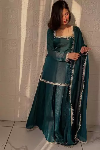 Teal mirror work readymade suit