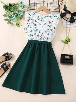 Green floral print cotton blend fit & flare girls dress 2