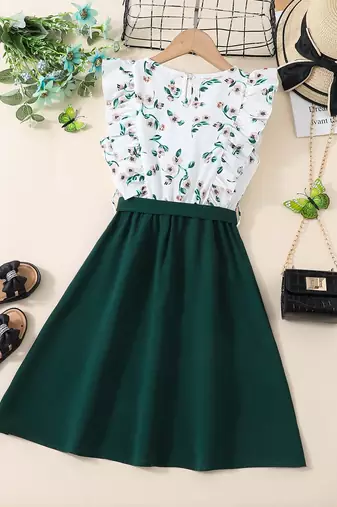 Green floral print cotton blend fit & flare girls dress
