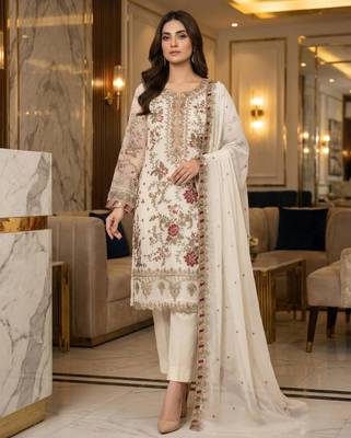 White silk blend embroidered salwaar kameez set 1
