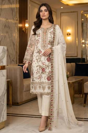 White silk blend embroidered salwaar kameez set