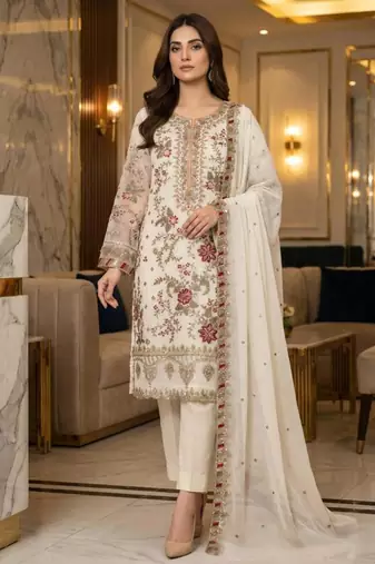 White silk blend embroidered salwaar kameez set