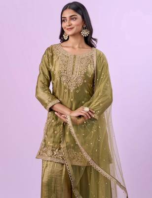 Green embroidery siqunce and daimond hand work readymade suit 1