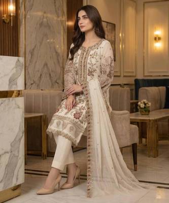 White silk blend embroidered salwaar kameez set 2