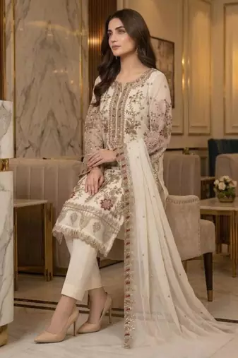 White silk blend embroidered salwaar kameez set