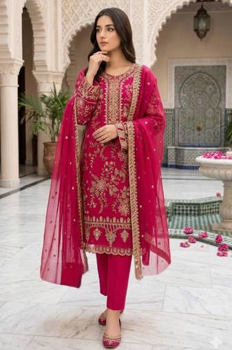 Rani pink silk blend embroidered salwaar kameez set