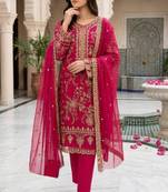 Rani pink silk blend embroidered salwaar kameez set