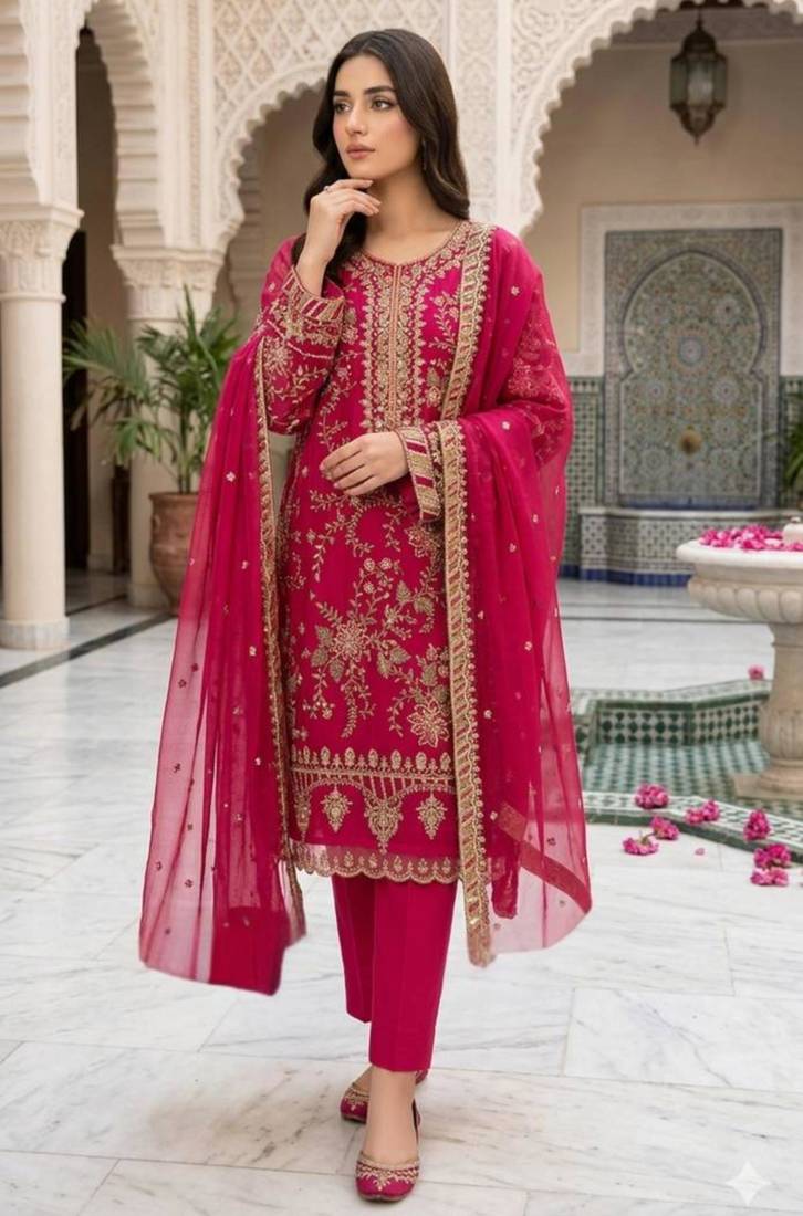 Rani pink silk blend embroidered salwaar kameez set