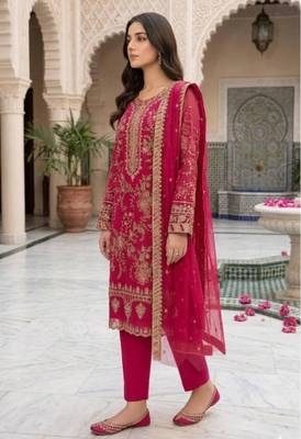 Rani pink silk blend embroidered salwaar kameez set 2