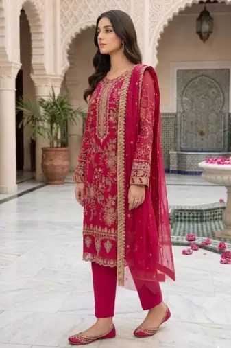 Rani pink silk blend embroidered salwaar kameez set