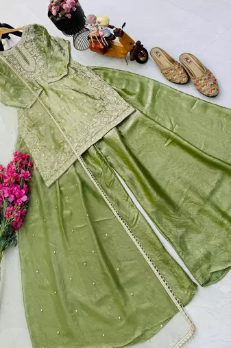 Green embroidery siqunce and daimond hand work readymade suit