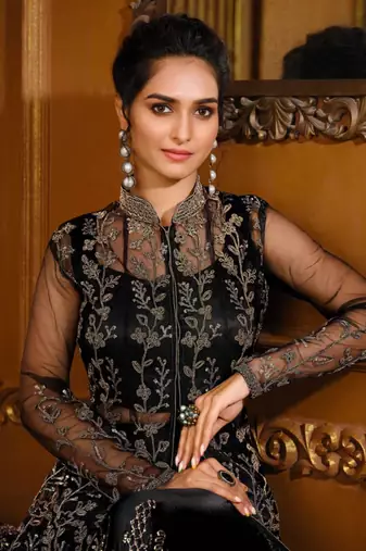 Black net embroidered anarkali suit