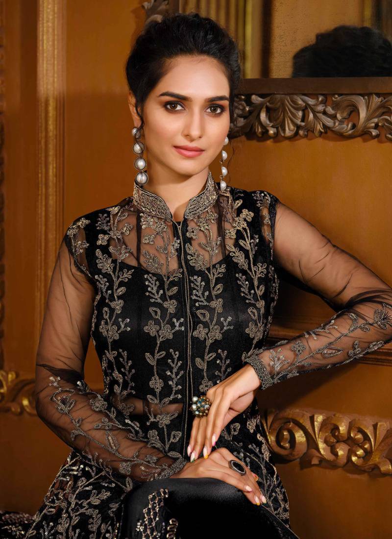 Black net embroidered anarkali suit