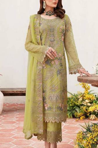 Lemon georgette embroidered salwaar kameez set