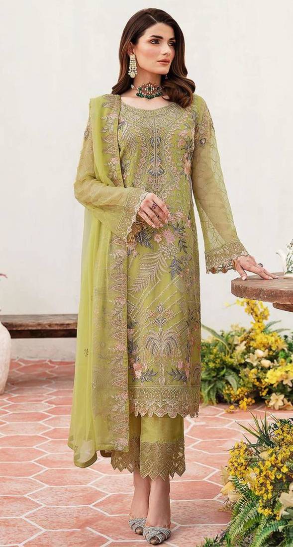 Lemon georgette embroidered salwaar kameez set