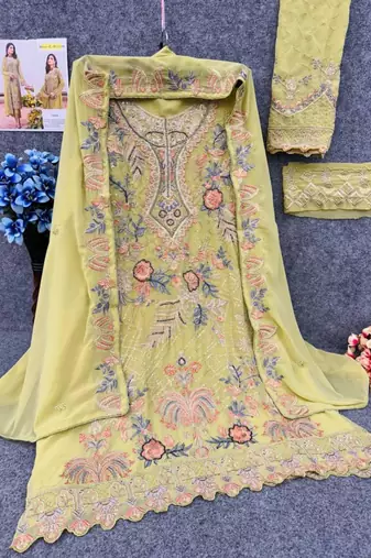 Lemon georgette embroidered salwaar kameez set
