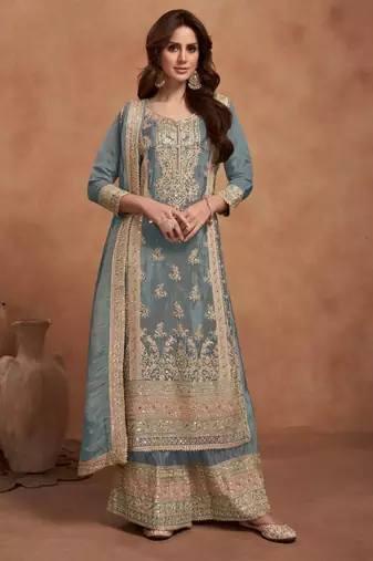 Grey silk embroidered palazzo set