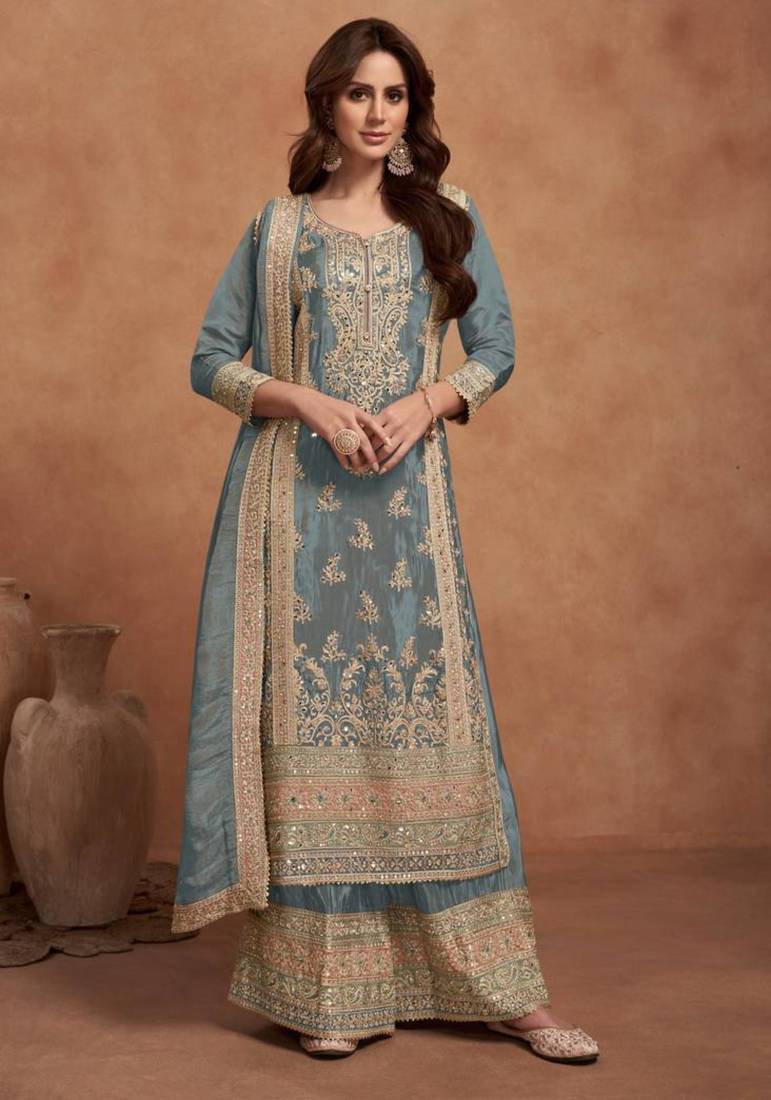 Grey silk embroidered palazzo set