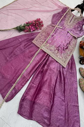 Purple emroidered readymade suit