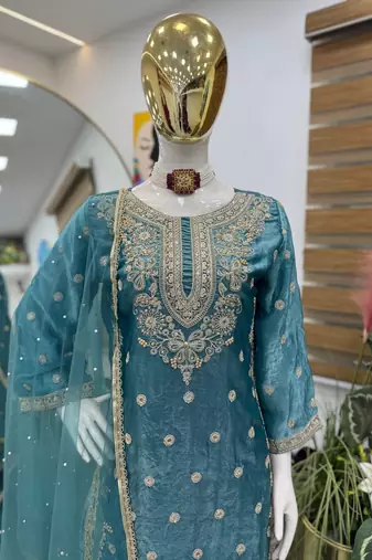 Teal embroidered readymade suit