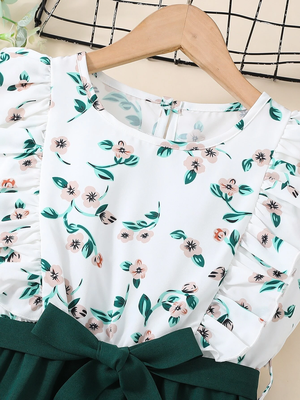 Green floral print cotton blend fit & flare girls dress 3