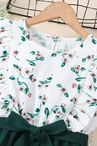 Green floral print cotton blend fit & flare girls dress