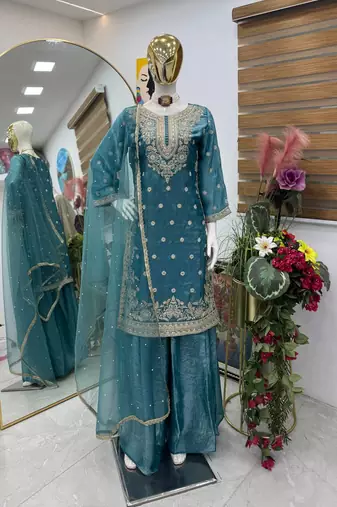 Teal embroidered readymade suit