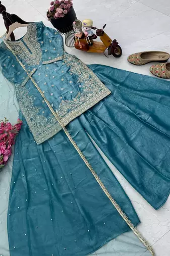 Teal embroidered readymade suit