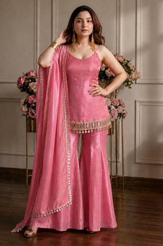 Pink silk blend zari sequin embroidered kurta & sharara set