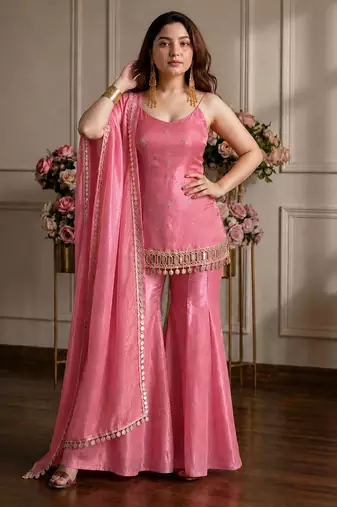 Pink silk blend zari sequin embroidered kurta & sharara set