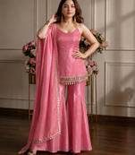 Pink silk blend zari sequin embroidered kurta & sharara set