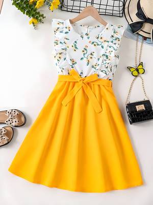 Yellow floral print cotton blend fit & flare girls dress 1