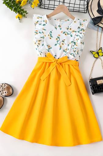 Yellow floral print cotton blend fit & flare girls dress