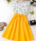 Yellow floral print cotton blend fit & flare girls dress
