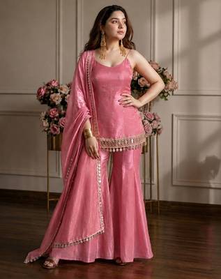 Pink silk blend zari sequin embroidered kurta & sharara set 3
