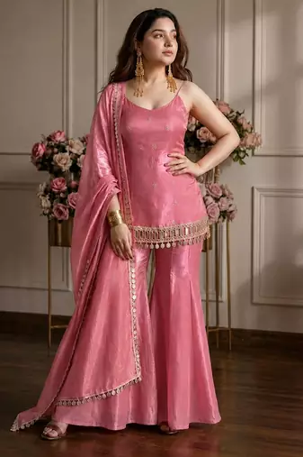 Pink silk blend zari sequin embroidered kurta & sharara set