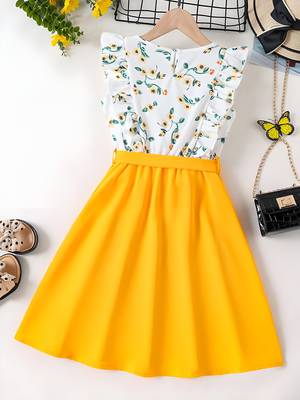 Yellow floral print cotton blend fit & flare girls dress 2