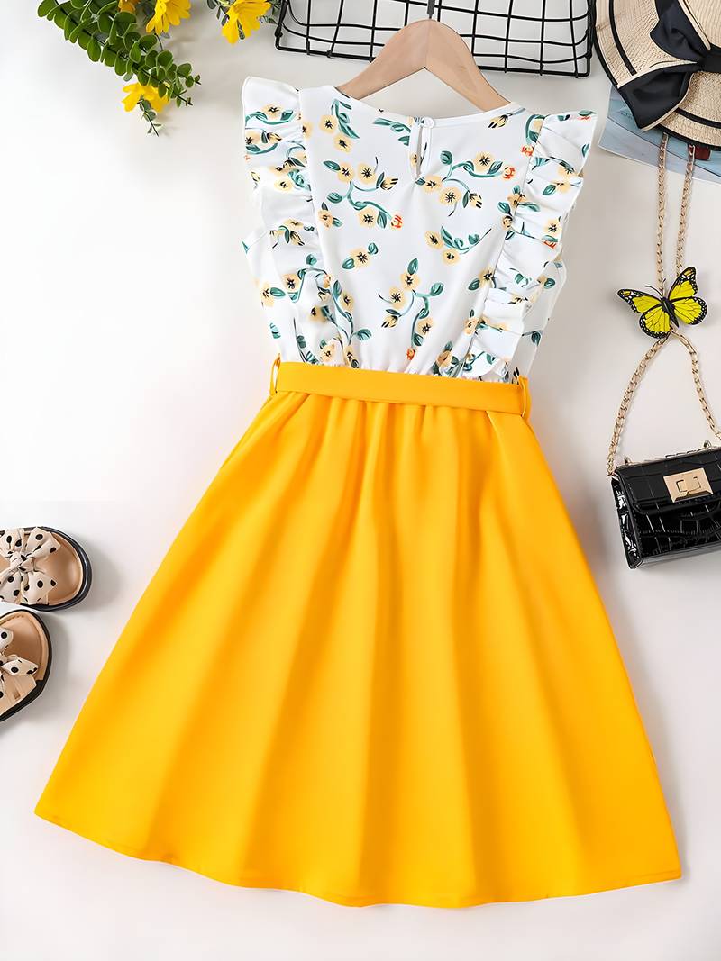 Yellow floral print cotton blend fit & flare girls dress