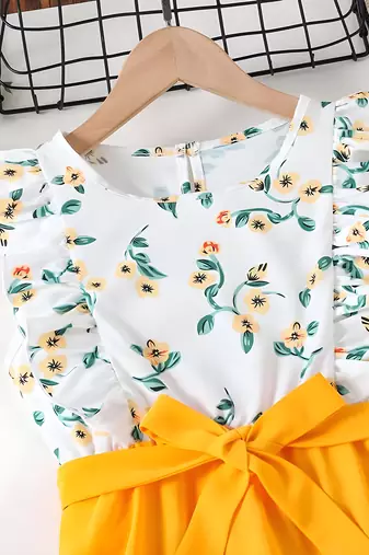 Yellow floral print cotton blend fit & flare girls dress