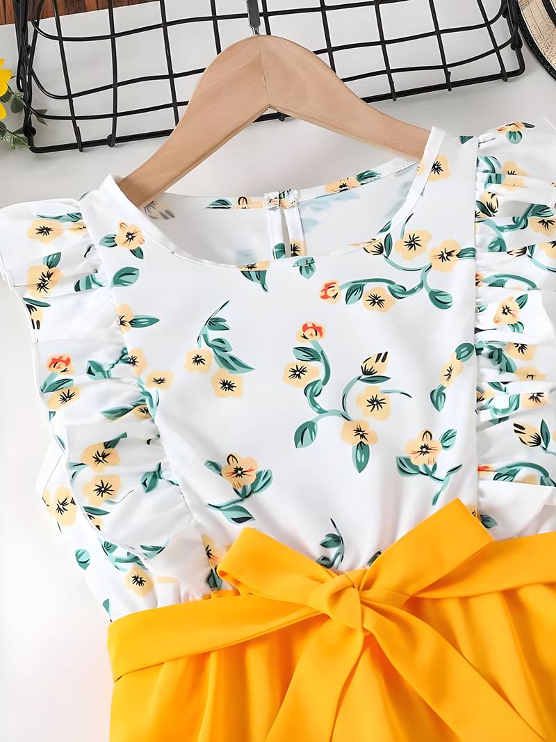 Yellow floral print cotton blend fit & flare girls dress